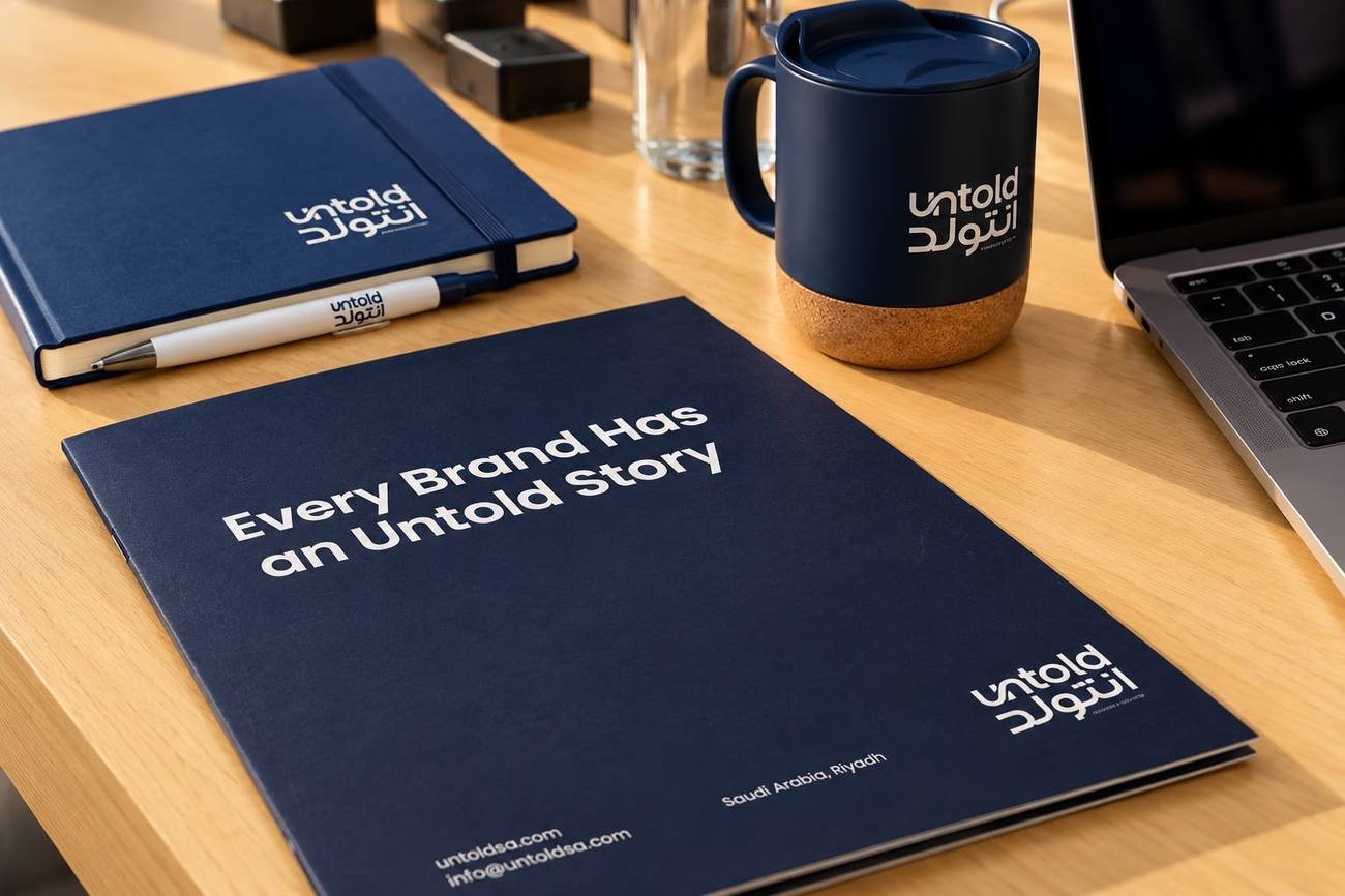Untold folder, notebook and mug on a desk